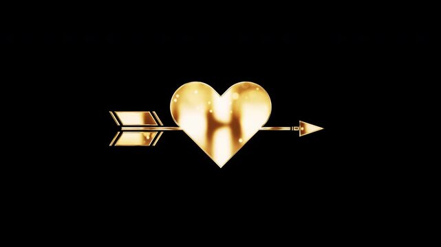Animation golden heart with arrow logo on black abstract background. Isolated alpha channel Apply prores 444