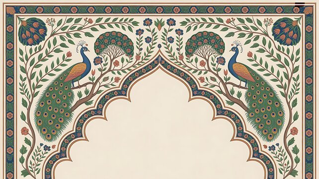 Traditional Mughal Motif Frame Arch Peacock, Traditional Mughal decorative garden with arch peacock seamless pattern frame, Traditional Mughal temple lattice wall peacock tree pattern illustration