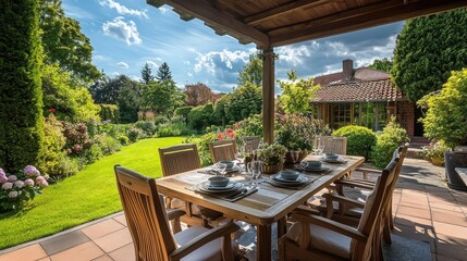 Fototapeta premium Serene Garden Patio: Luxurious Outdoor Dining Experience