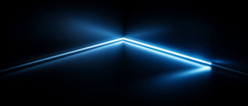 Minimal neon blue corner lines forming geometric angle, futuristic glowing tech background with dark gradient.