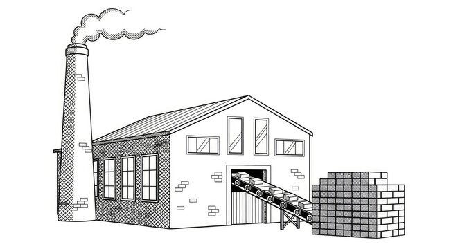 Factory building illustration with smoke stack and brick pile on white background