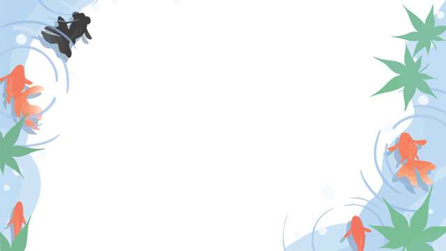 Top View Goldfish Diagonal Frame with Ripple Shadow and Green Maple Leaves Vector 16:9 Horizontal Banner Transparent Background | 金魚 フレーム 俯瞰 青紅葉 波紋 和風 動画 バナー