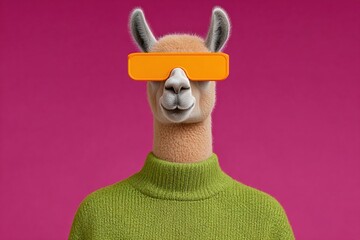Fototapeta premium Llama wearing stylish orange sunglasses and a cozy green sweater