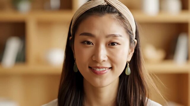 Elegant Asian woman wearing a beige pleated headband and smiling, ideal for beauty tutorials and lifestyle advertising.