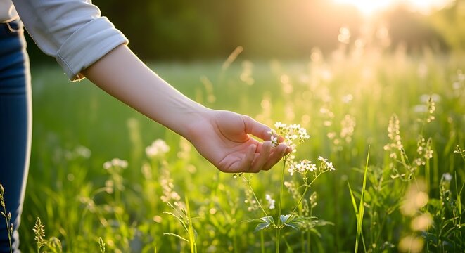 Sun-drenched meadow scene with a woman's hand gently reaching for delicate white wildflowers, bathed in golden light, capturing a moment of peaceful connection with nature.