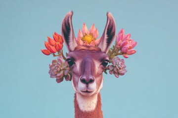 Fototapeta premium Whimsical llama with floral crown posing against pastel background