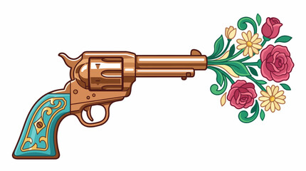 An artistic representation of a revolver with vibrant flowers emanating from its barrel, symbolizing the contrast between violence and beauty in a thought-provoking manner. © Suling