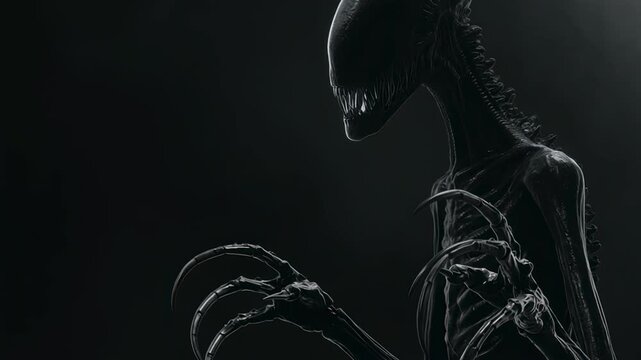 Terrifying alien creature emerging from darkness. Scary monster with sharp teeth and claws posing for camera. Concept of horror, death, and extraterrestrial life.