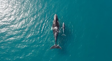 Obraz premium Aerial view of a majestic humpback whale swimming with its calf in turquoise ocean waters, showcasing the beauty of marine life and the bond between mother and offspring.