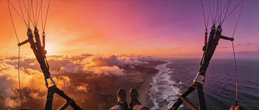 Paragliding pov sunset ocean coastline cloud sky adventure travel freedom aerial horizon leisure golden hour with feet dangling above dramatic shoreline vibrant colorful clouds calm reflective sea