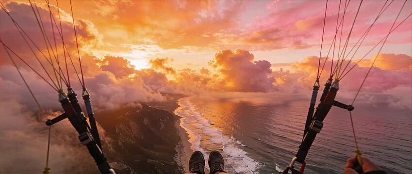 Paragliding adventure sunset ocean coastline cloud sky freedom travel vacation aerial sport panoramic coastal view over glowing sunset ocean horizon with dramatic cloud warm golden sky dreamy getaway