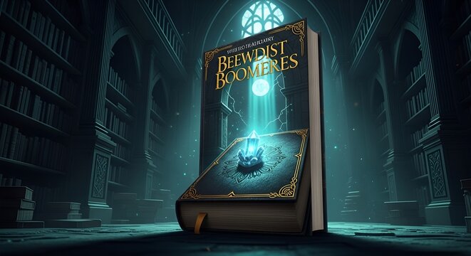 Mysterious glowing book with crystal in ancient library, fantasy, magic, knowledge