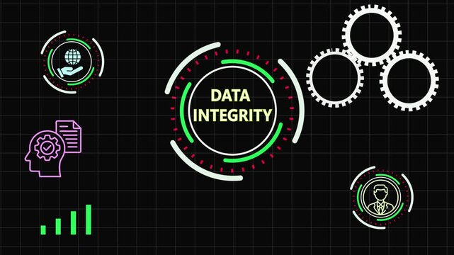A futuristic digital interface illustrating the concept of Data Integrity. Glowing green gears interlock with icons representing users, teams, graph . 4k animation video . 