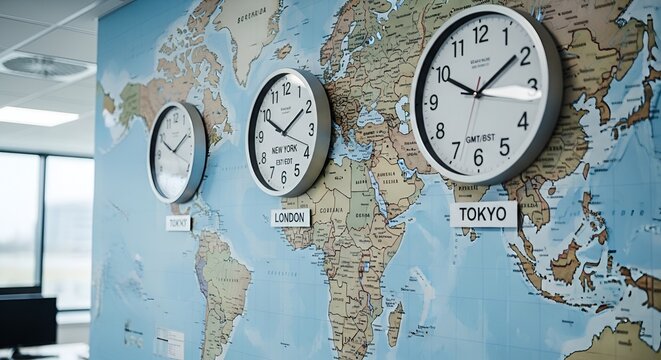 World Map with Multiple Time Zone Clocks Showing Different Times