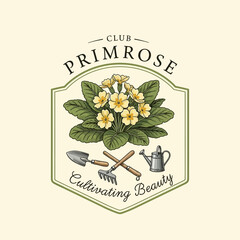 Primrose flower logo with gardening tools. © Mr.dexterouz