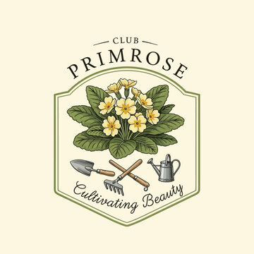 Primrose flower logo with gardening tools.