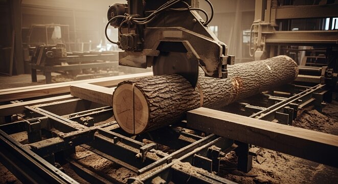 Sawmill cutting log with industrial machinery, wood processing, lumber production, timber industry