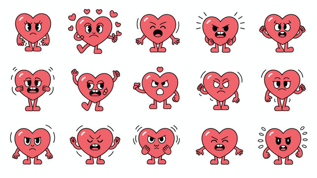 Red heart characters showing range of emotions and reactions love confusion sadness excitement vector illustration set