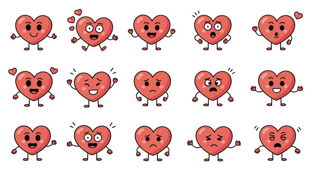 Red heart characters showing range of emotions and reactions love confusion sadness excitement vector illustration set