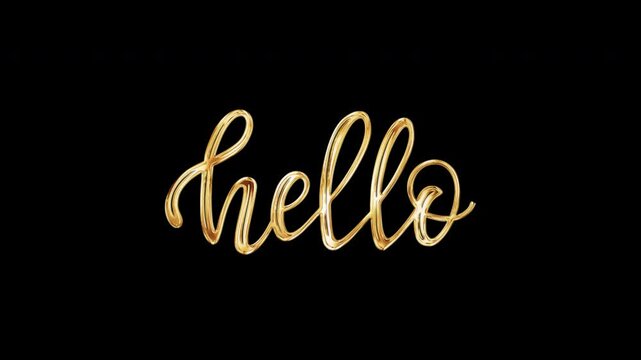 Animation text of Hello golden text shine flickering light effect on black background. Welcome text with looping flickering gold glowing light texture.Isolated alpha channel Apply prores 444
