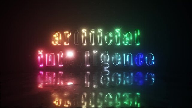 Animation text of Artificial Intelligence laser neon glitch text effect cinematic title on black abstract backgroud. 