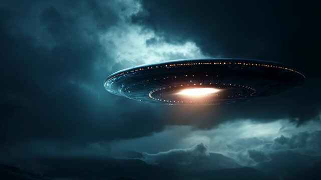 Metal disc spacecraft hovering in dark stormy clouds. Alien ufo ship illuminating night sky. Science fiction mystery scene of extraterrestrial invasion craft.