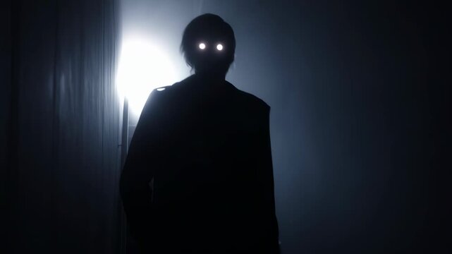 Shadowy monster man with glowing eyes standing on stairs in dark fog. Sinister creature emerging from mist. Scarry paranormal entity in cinematic horror scene.