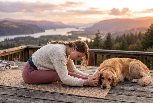 Young woman practicing seated forward fold yoga pose on a terrace overlooking a misty river valley at sunset while her golden retriever dog rests beside her.