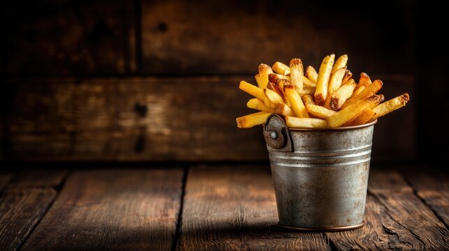 Crispy Golden French Fries in Vintage Metal Bucket on Wooden Table