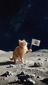 Ginger tabby cat planting paw print flag on lunar surface. Surreal space exploration concept with kitten on the moon. Static medium shot.