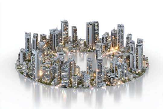 A miniature modern city with skyscrapers on a light background.