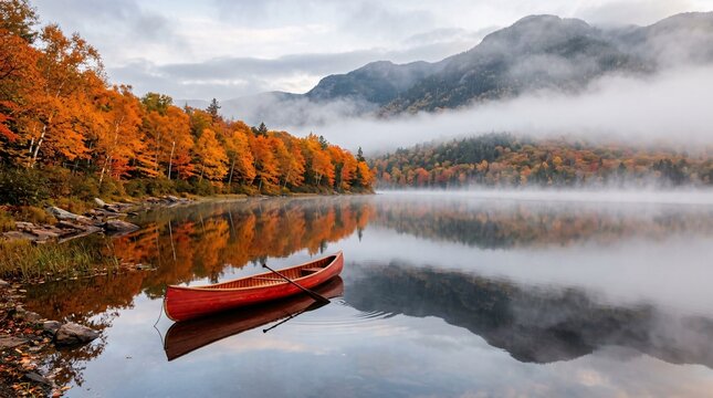 Serene mountain lake perfectly reflects vibrant orange autumn birch trees while a classic red wooden canoe floats gently on the calm waters.