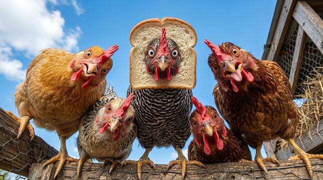 Funny low-angle shot of chickens with chaotic expressions and bread hat under blue sky