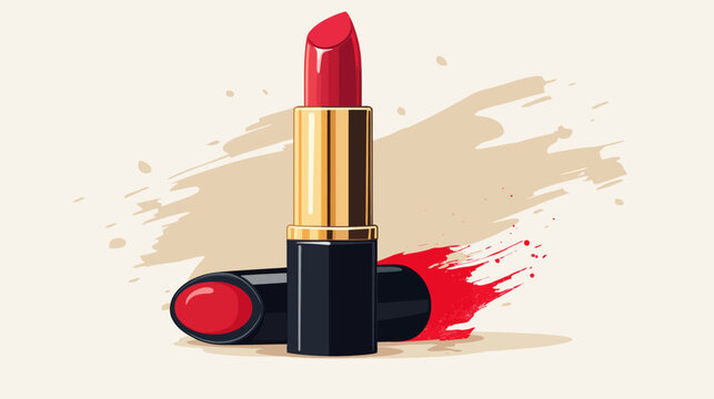 A vibrant illustration showcasing two lipsticks, one open, the other closed, with a red splash backdrop