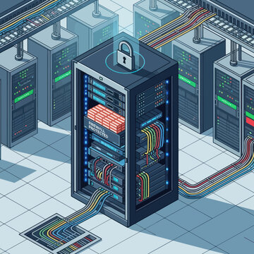 Secure Server Rack with Data Cables and Padlock Illustration.