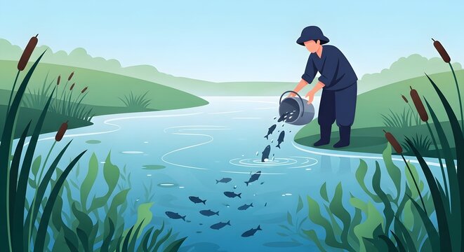 A vector illustration of a man in a hat pouring small fish from a bucket into a clean river or lake to replenish the aquatic population.