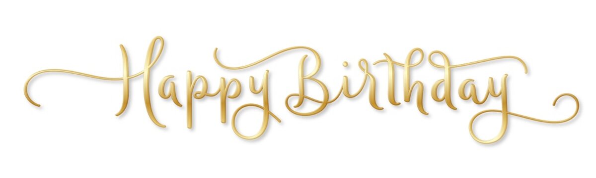 HAPPY BIRTHDAY gold brush calligraphy banner with flourishes on transparent background