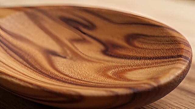 Closeup of a beautifully grained wooden spoon on a wooden surface.