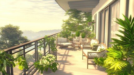 Fototapeta premium Serene Balcony Oasis: Luxury Apartment with Breathtaking View