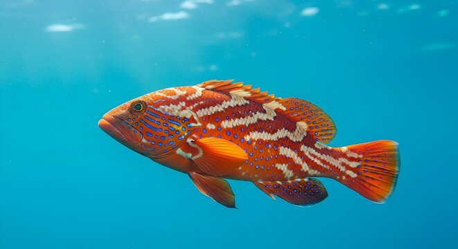 Vibrant Coral Grouper Fish Swimming in Clear Blue Ocean Water