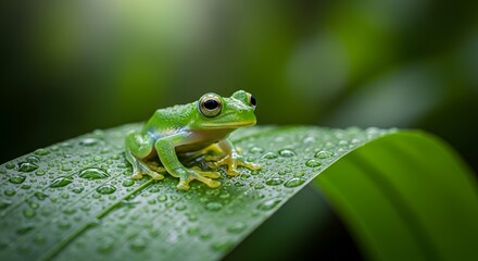 Fototapeta premium Vibrant Green Tree Frog Perched on a Dewy Leaf in Lush Rainforest