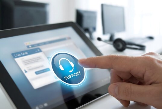 Support button being touched on a digital tablet screen for the concept of technical assistance.