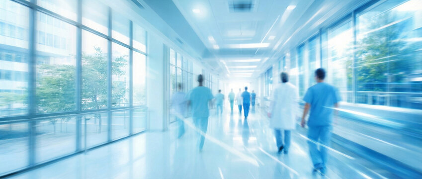 Modern hospital corridor with doctors and nurses walking in motion blur, bright natural light, clean clinical environment, symbolizing healthcare, emergency care, medical teamwork hospital efficiency