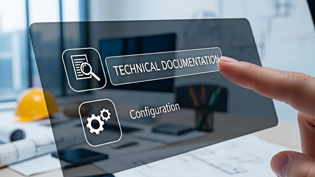 Finger pointing at the phrase technical documentation on a touch screen. 