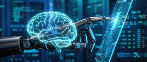 Obraz premium Exploring ai innovation robotic intelligence interacting with digital interfaces in a high-tech data center environment