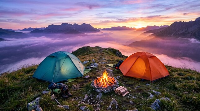 Two camping tents in teal and vibrant orange sit on a grassy mountain ridge beside a bright warm campfire during an ethereal foggy sunrise.