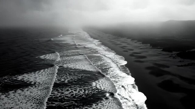 Dramatic aerial view of a coastline with dark ocean waves and overcast skies in black and white