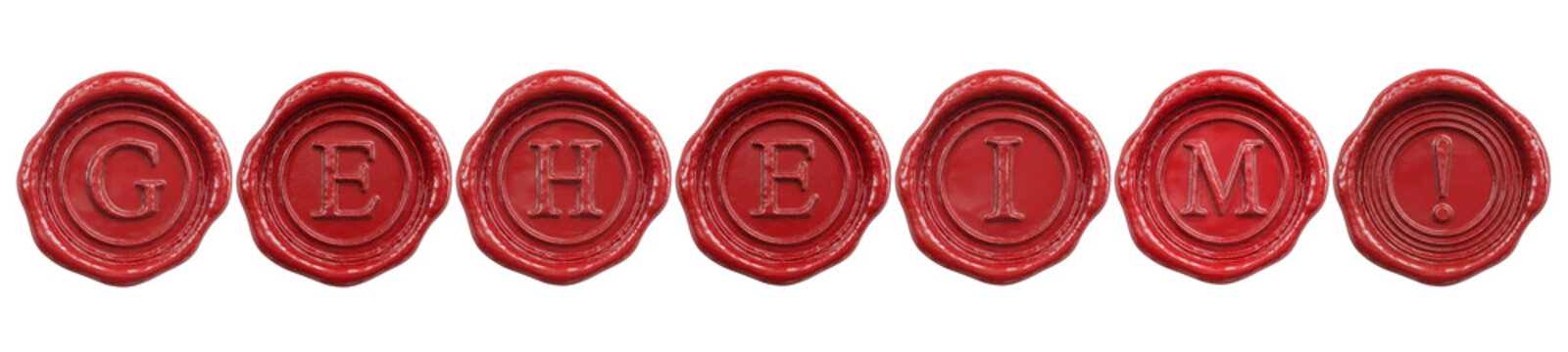 Word oder Text: GEHEIM, erstellt aus roten Siegeln aus Wachs Wachsiegel Stempel Schrift, isoliert auf transparentem oder weissem Hintergrund, retro vintage design Elemente Icons