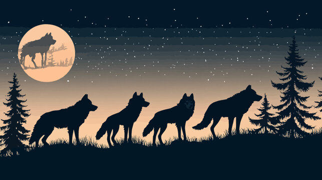 Pixelated night scene depicts a pack of wolves silhouetted against a starlit sky and moon