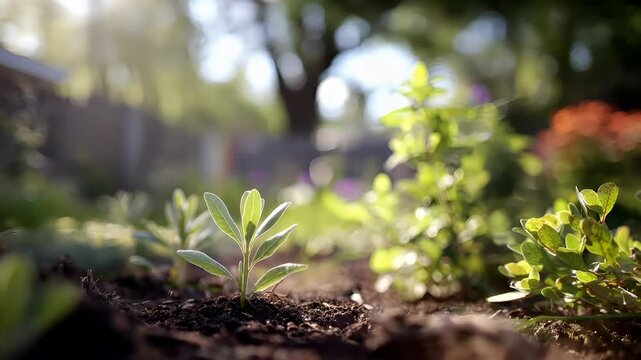 Spring season, garden park, flower, fresh, life. A closeup shot of a garden scene shows a young plant sprouting from the soil. The plant has slender, green leaves with a glossy texture.
